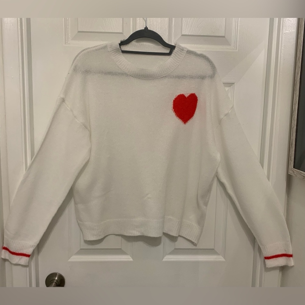 White Sweater with Red Heart and Red Stripes Around Wrists • Size XL • NWOT